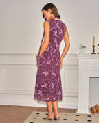 Floral Chiffon Midi Dress in Purple with V-Neck