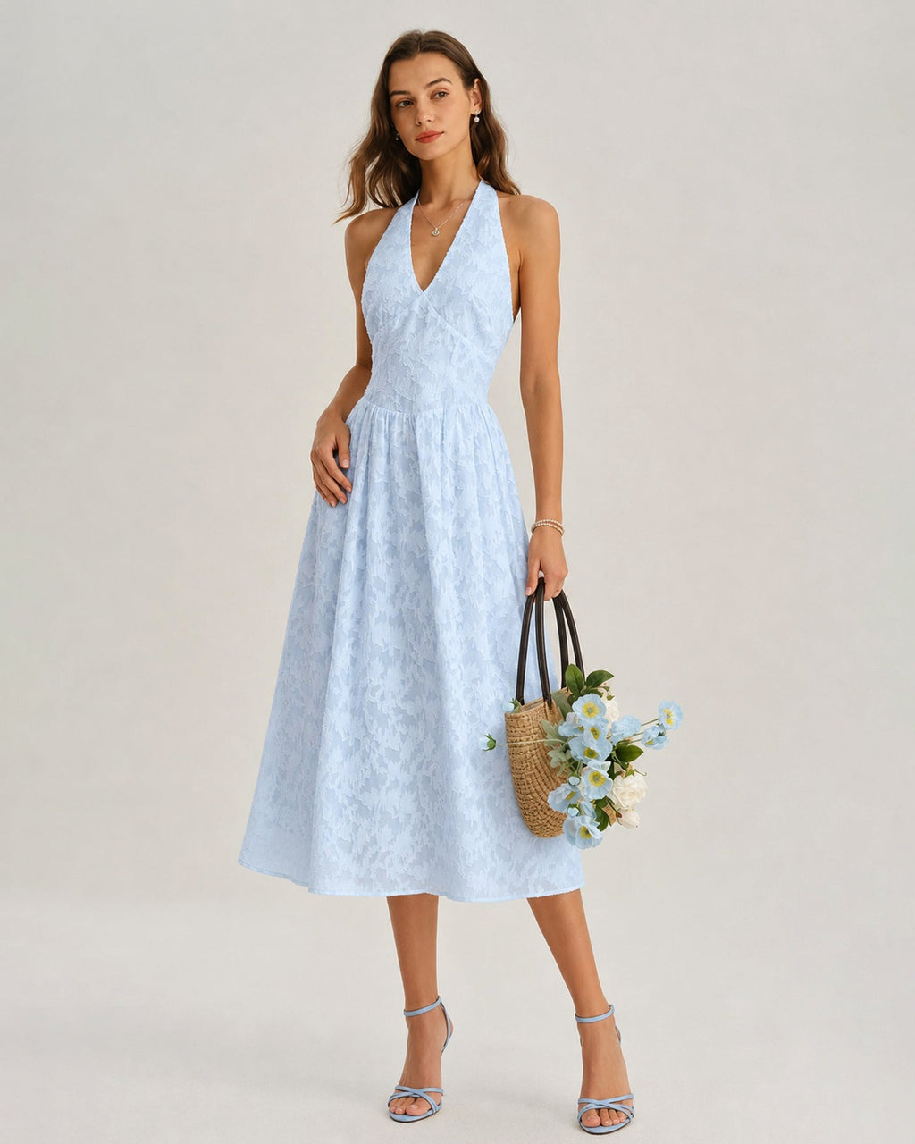Jacquard Midi Dress with Blue Halter Tie