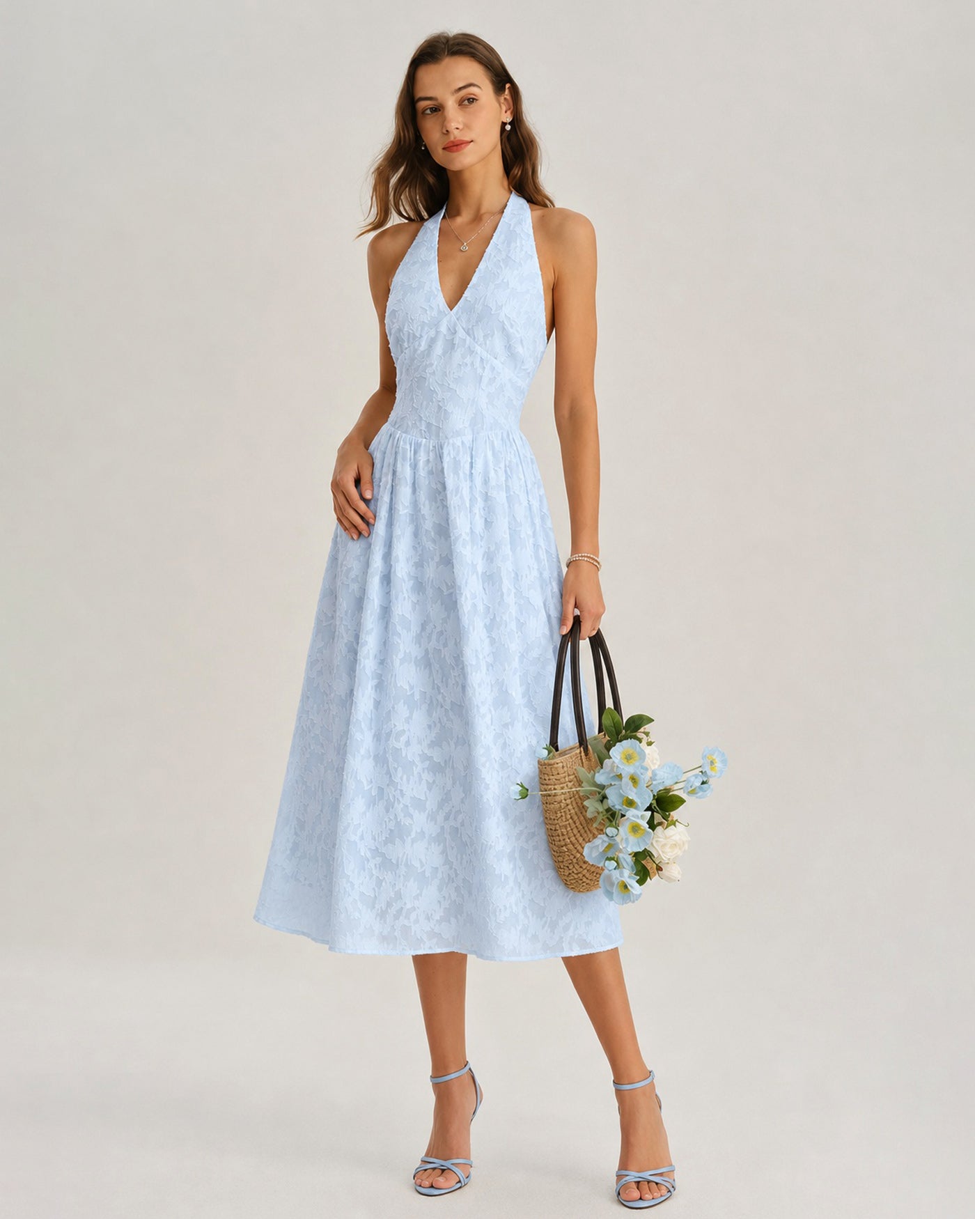 Jacquard Midi Dress with Blue Halter Tie
