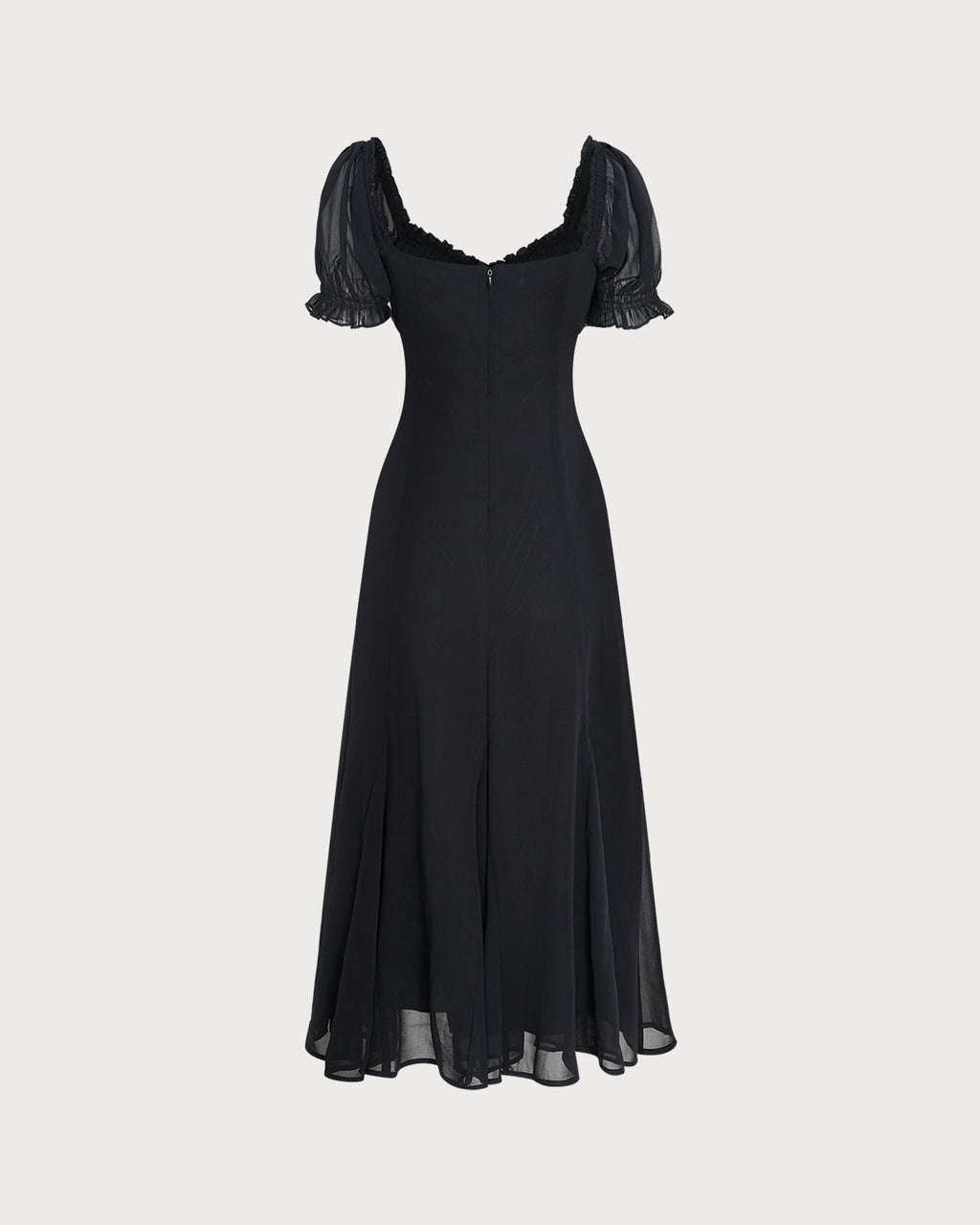 Black Midi Dress with V-Neck and Puffed Sleeves
