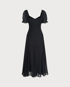 Black Midi Dress with V-Neck and Puffed Sleeves