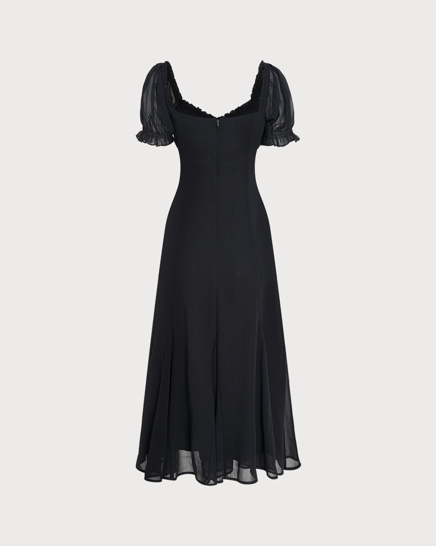 Black Midi Dress with V-Neck and Puffed Sleeves