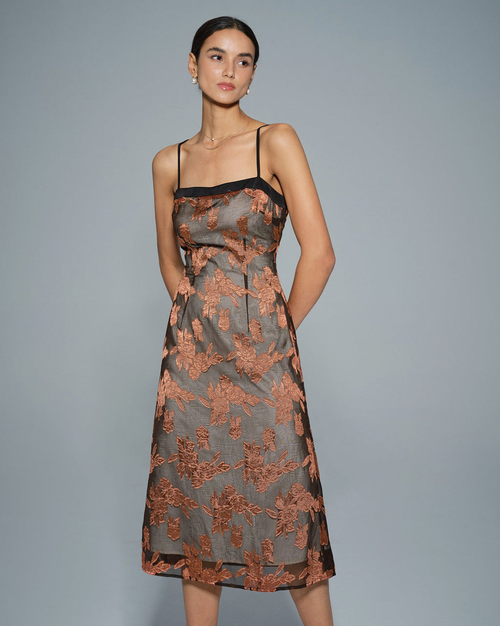 Caramel Floral Print Midi Dress