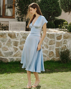Pleated Midi Dress with Blue Drop Shoulders