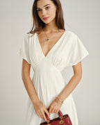 Apricot V-Neck Midi Dress with Cowl Sleeves