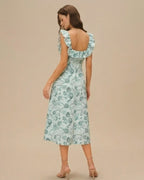 Floral Green Ruched Midi Dress with Square Neck