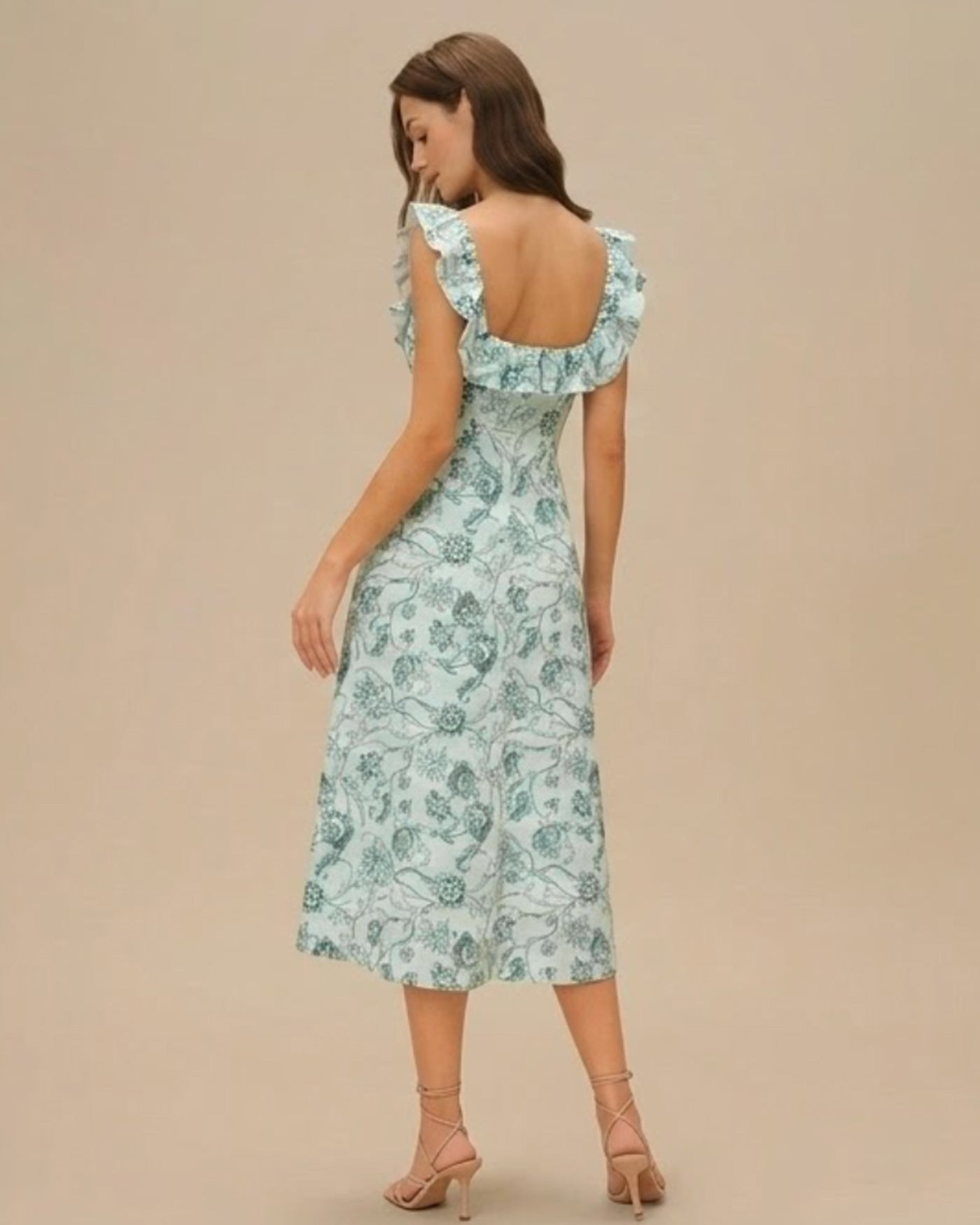 Floral Green Ruched Midi Dress with Square Neck