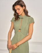 Chiffon Midi Dress with Green Mandarin Collar