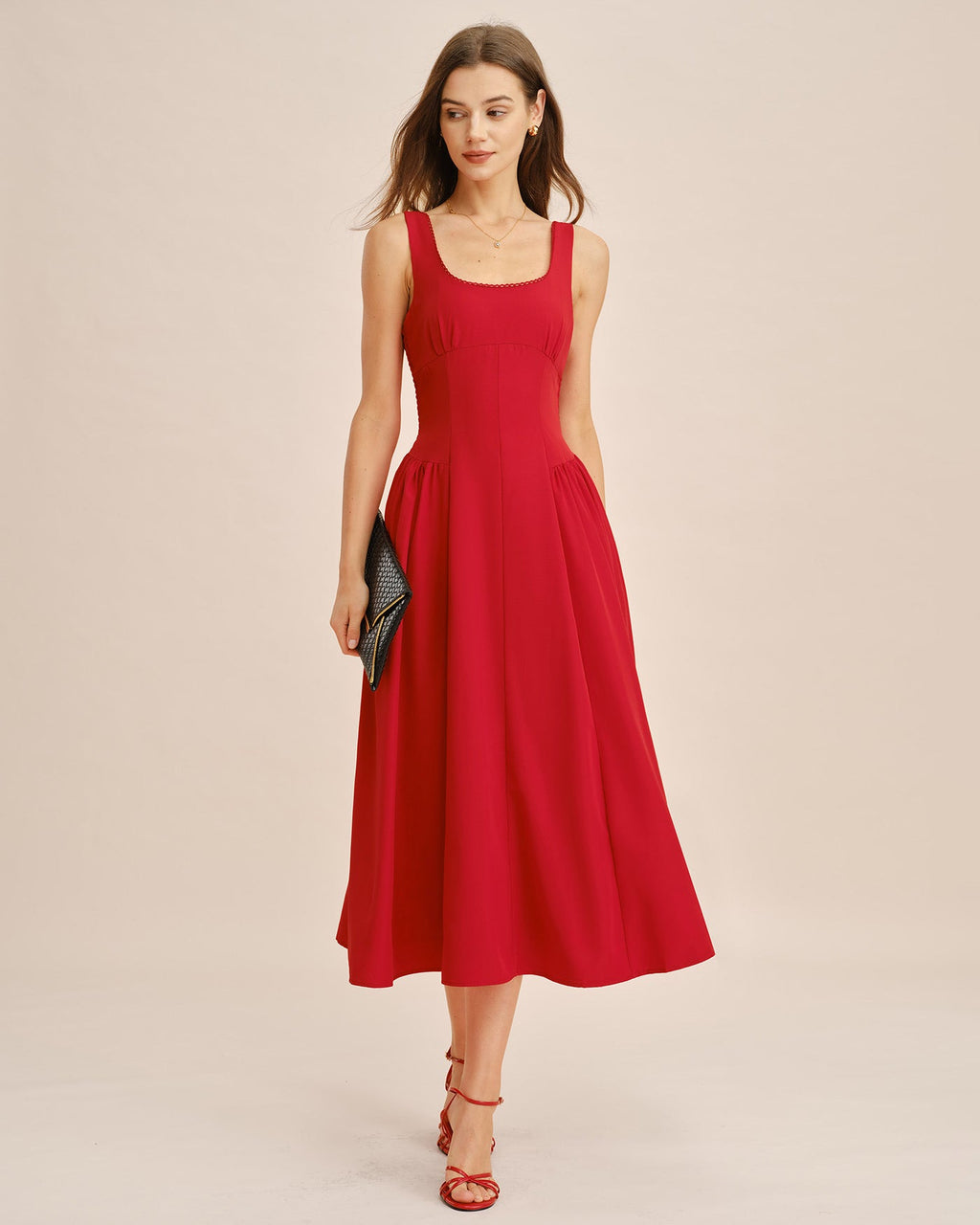 Crimson Square Neck Sleeveless Midi Dress
