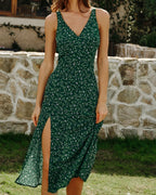 Floral Midi Dress with V-Neck in Green