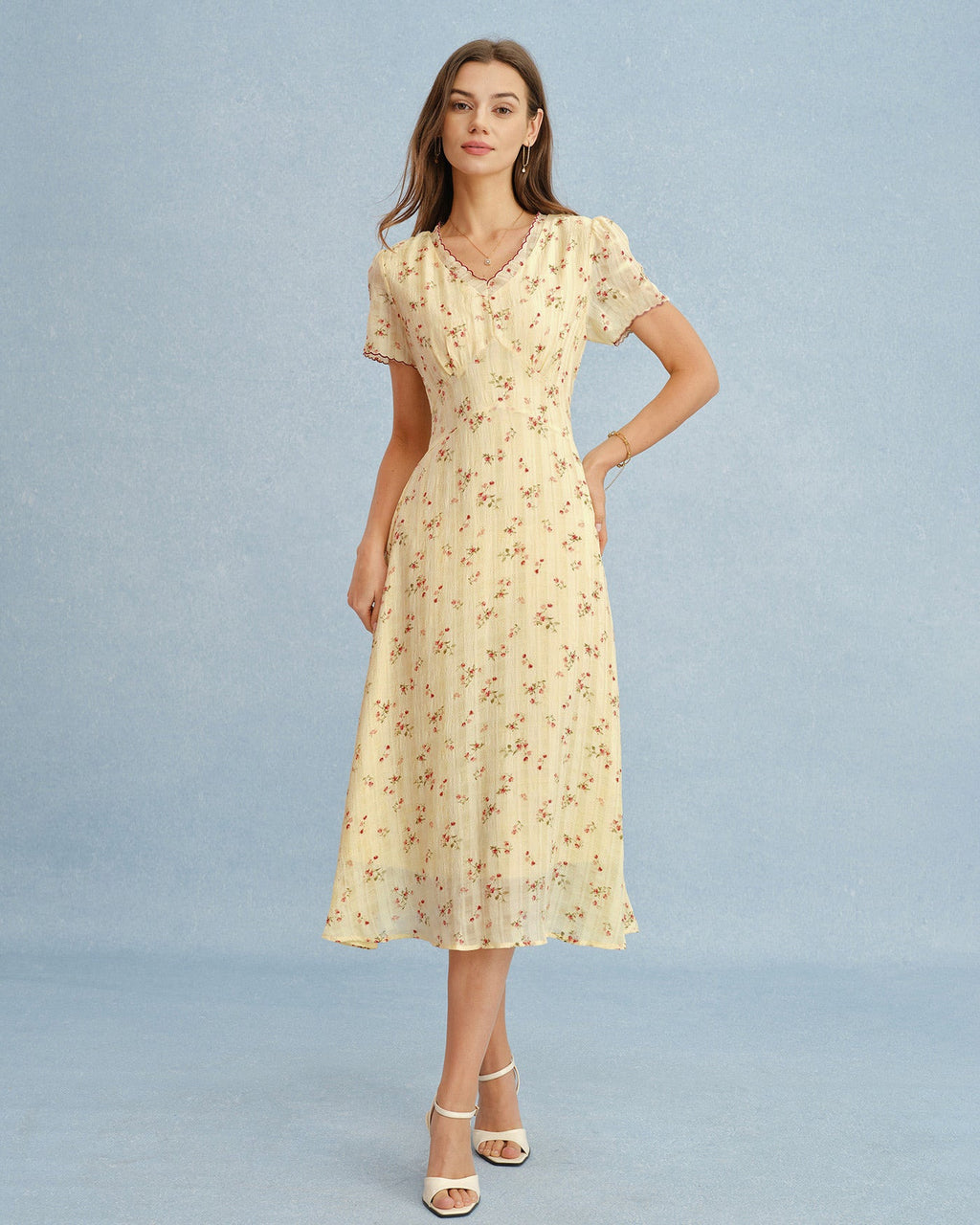 Floral Midi Dress with V-Neck in Yellow