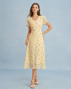 Floral Midi Dress with V-Neck in Yellow