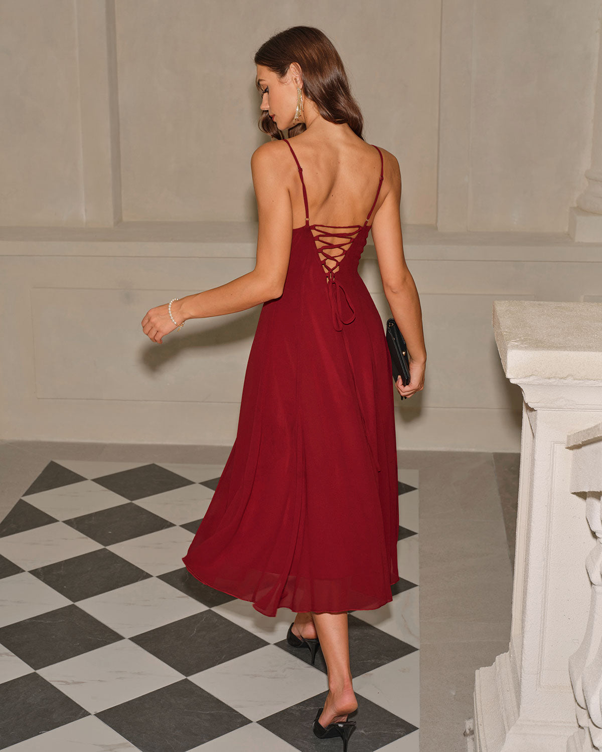 Crimson A-Line Corset Midi Dress
