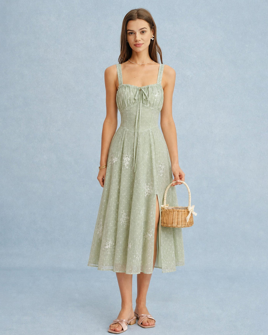 Green Jacquard A-Line Midi Dress with Slip Design