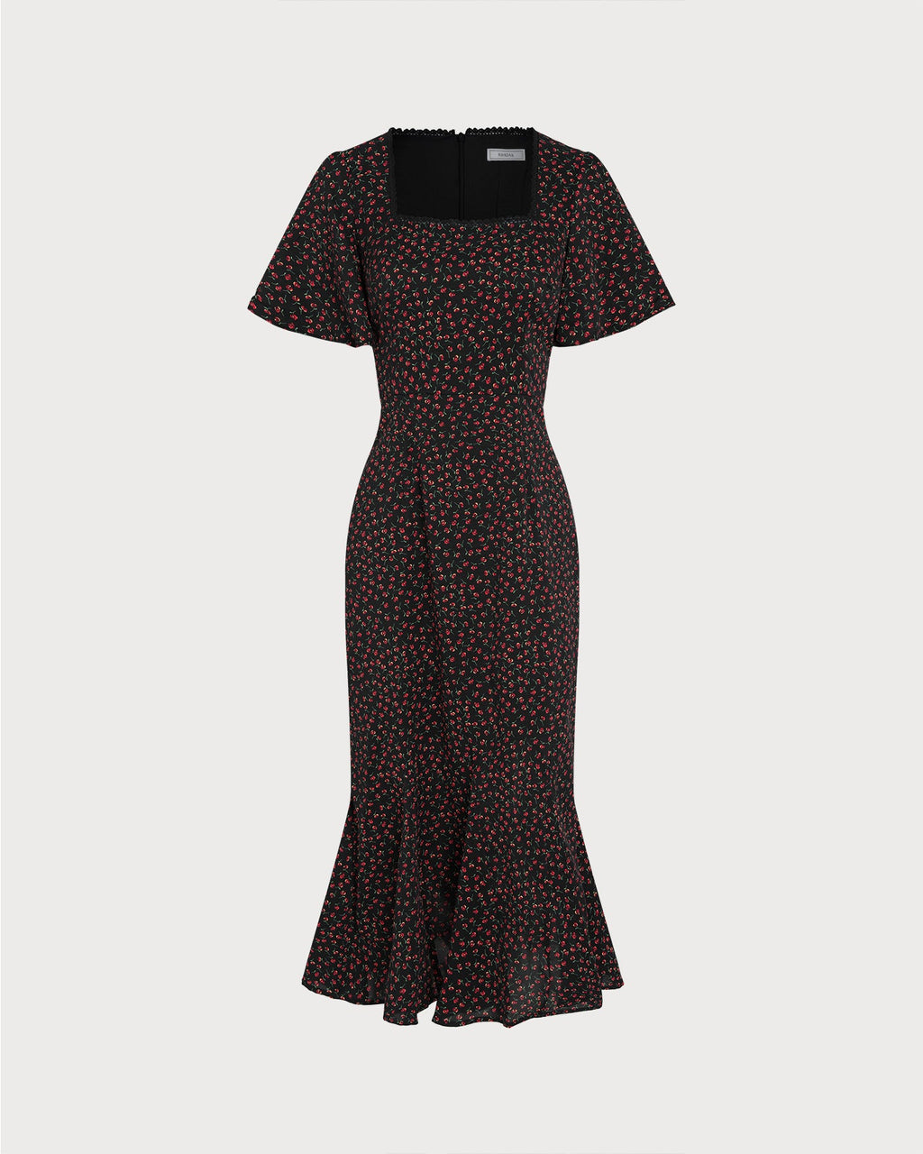 Floral Midi Dress with Black Square Neck and Butterfly Sleeves