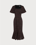 Floral Midi Dress with Black Square Neck and Butterfly Sleeves
