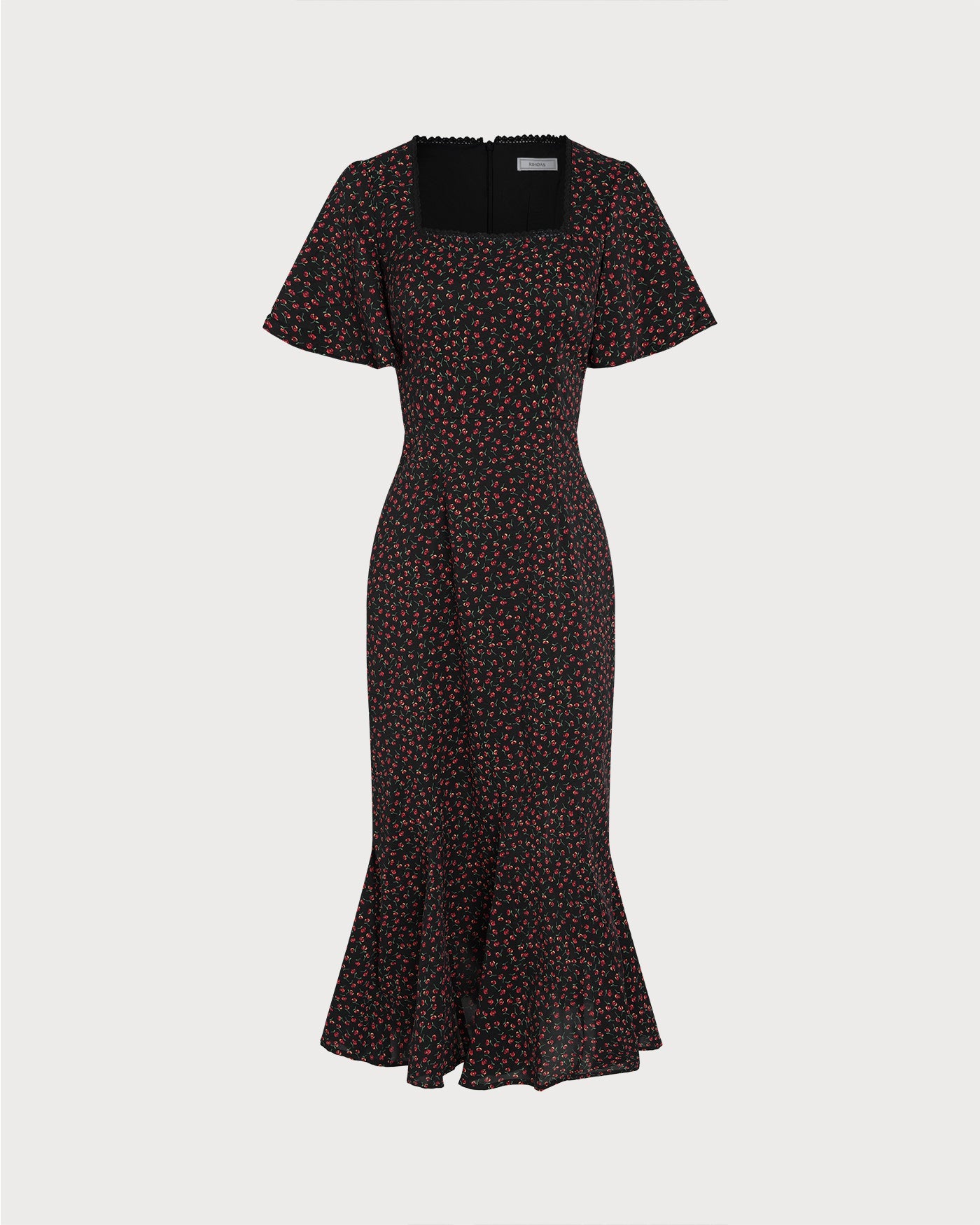 Floral Midi Dress with Black Square Neck and Butterfly Sleeves