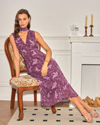 Floral Chiffon Midi Dress in Purple with V-Neck