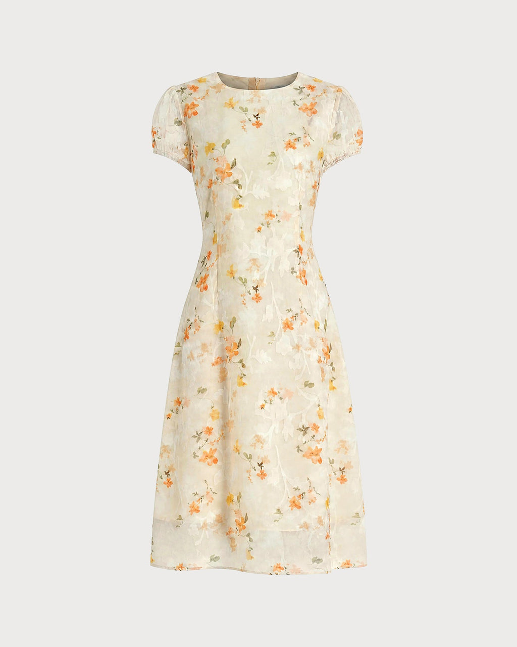 Jacquard Midi Dress with Yellow Puffed Sleeves