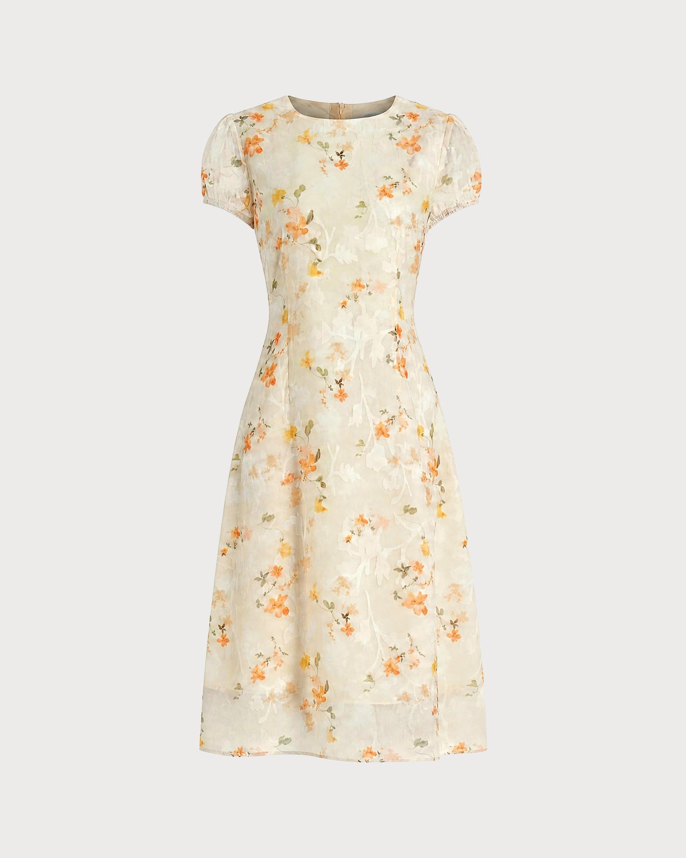Jacquard Midi Dress with Yellow Puffed Sleeves