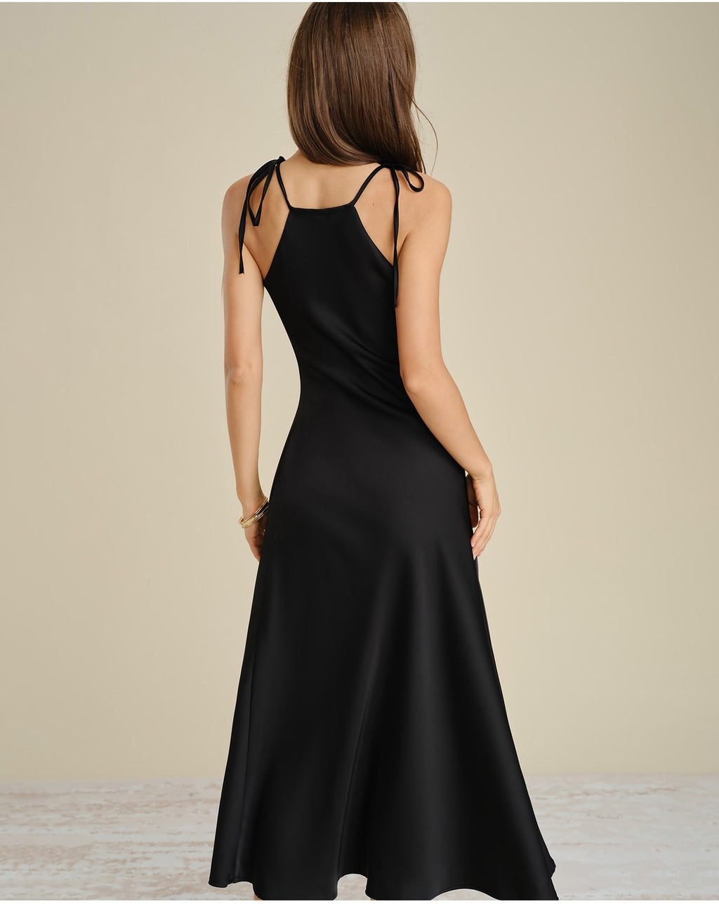 Black Satin Midi Dress with Halter Tie