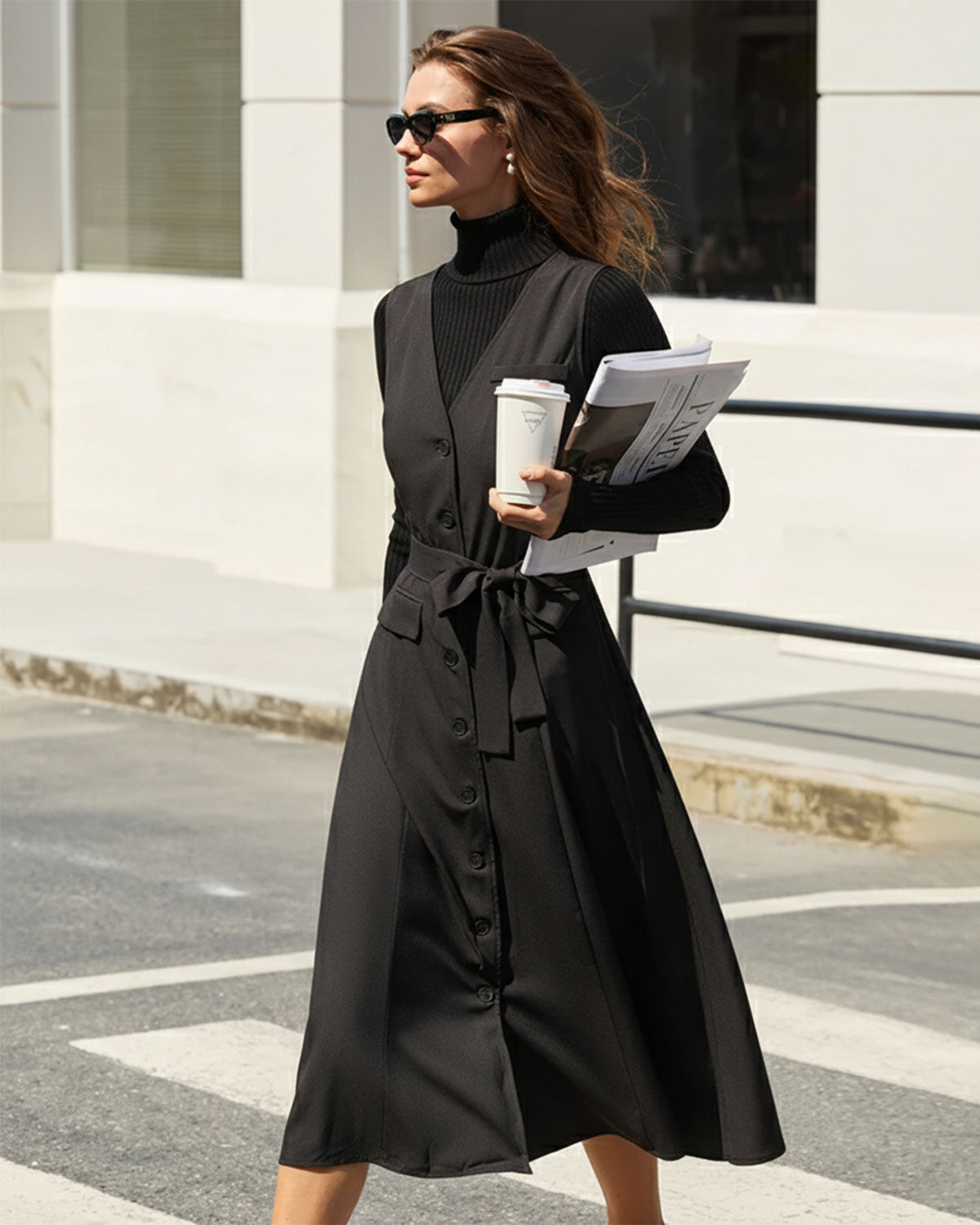 Black Sleeveless Midi Dress with V-Neck and Belt
