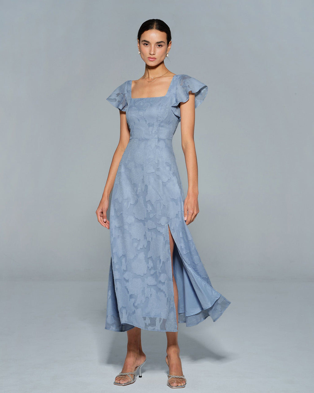 Floral Print Square Neck Midi Dress in Blue