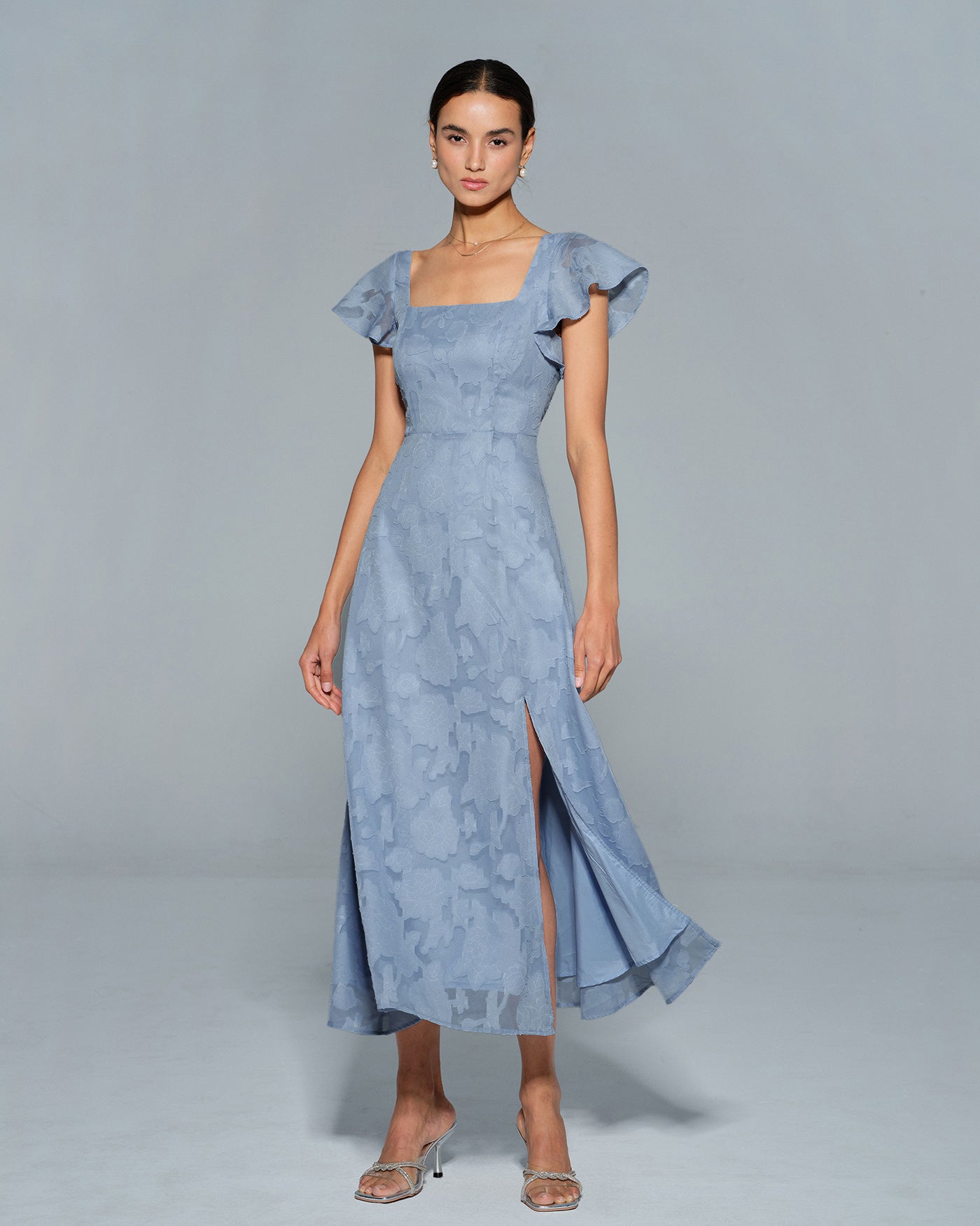 Floral Print Square Neck Midi Dress in Blue