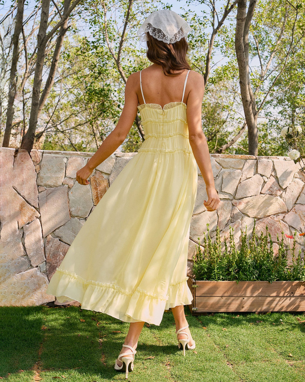 Yellow Ruffled Midi Dress with Sweetheart Neckline