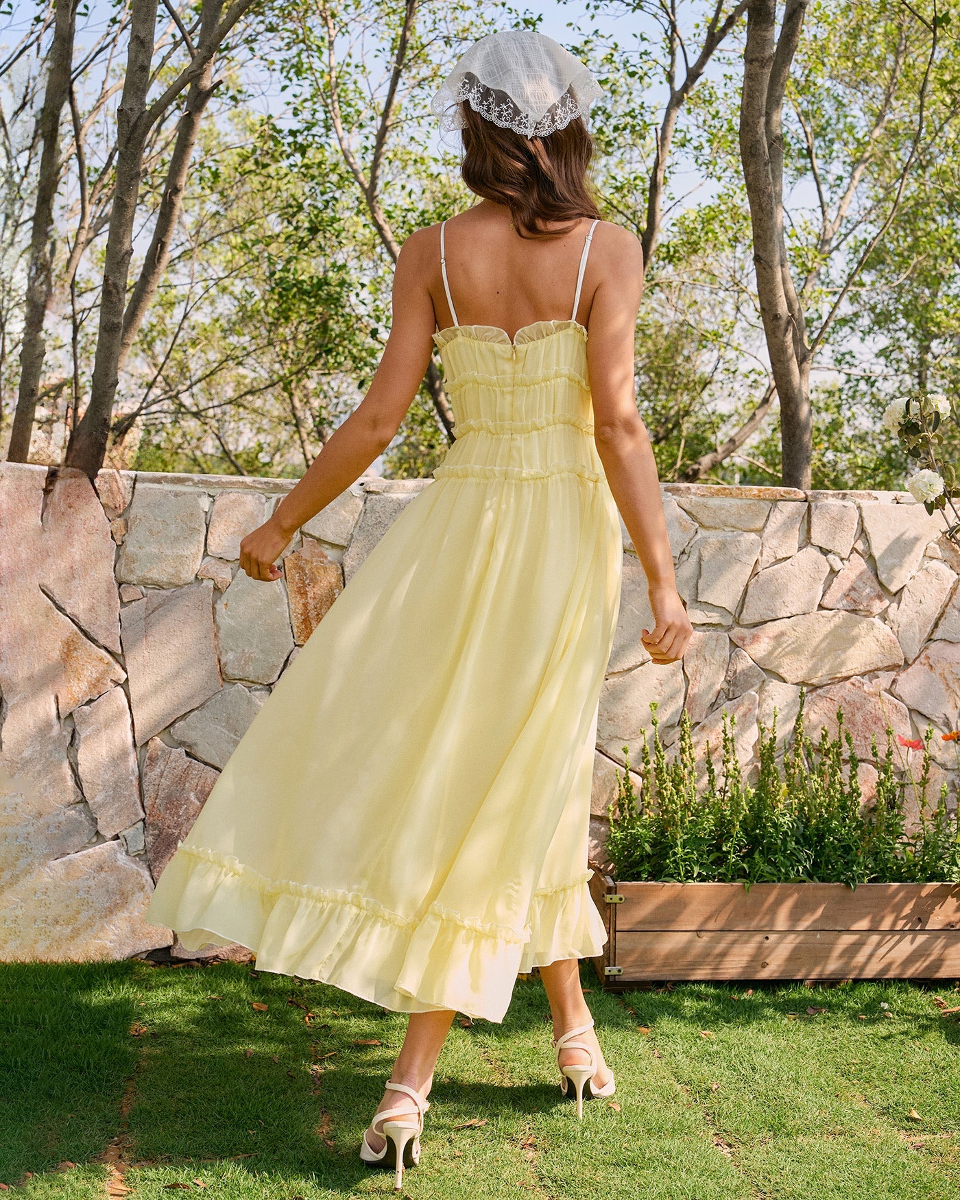 Yellow Ruffled Midi Dress with Sweetheart Neckline