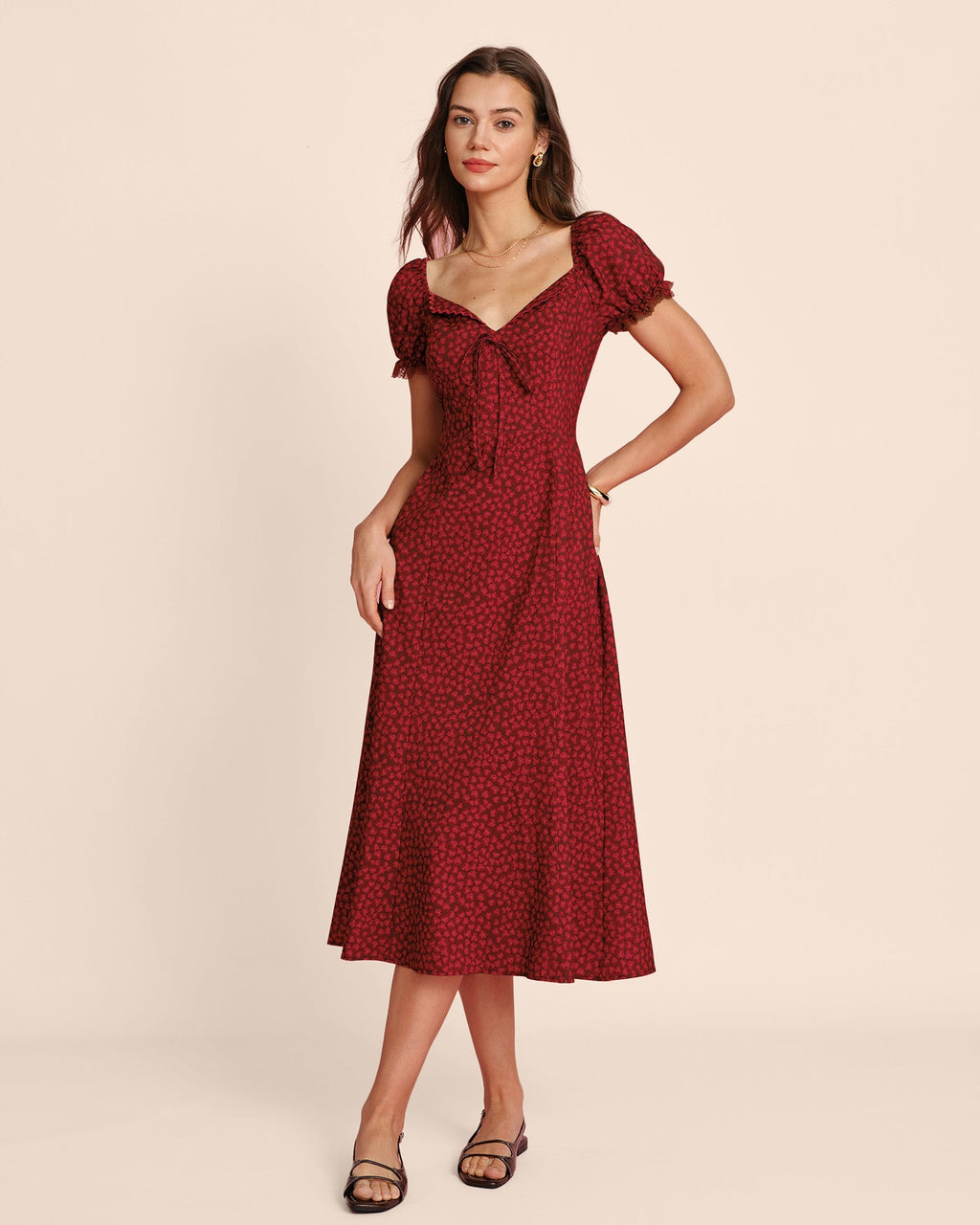 Floral Lace Midi Dress with Red V-Neck