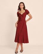 Floral Lace Midi Dress with Red V-Neck