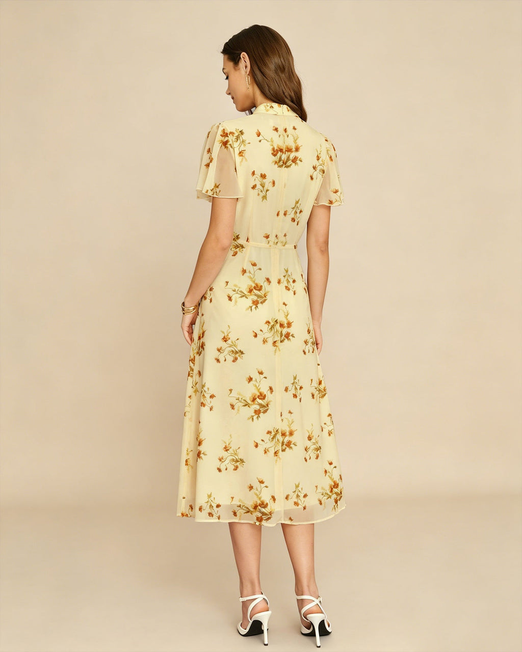Floral Midi Dress with Yellow Turtle Butterfly Sleeves