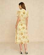 Floral Midi Dress with Yellow Turtle Butterfly Sleeves