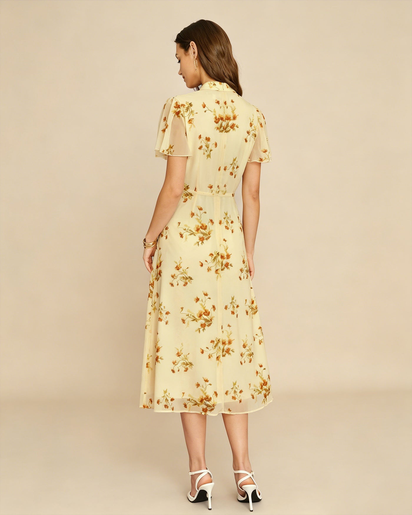 Floral Midi Dress with Yellow Turtle Butterfly Sleeves