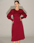 Wine Red Satin Midi Dress with A-Line Silhouette