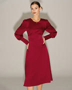 Wine Red Satin Midi Dress with A-Line Silhouette