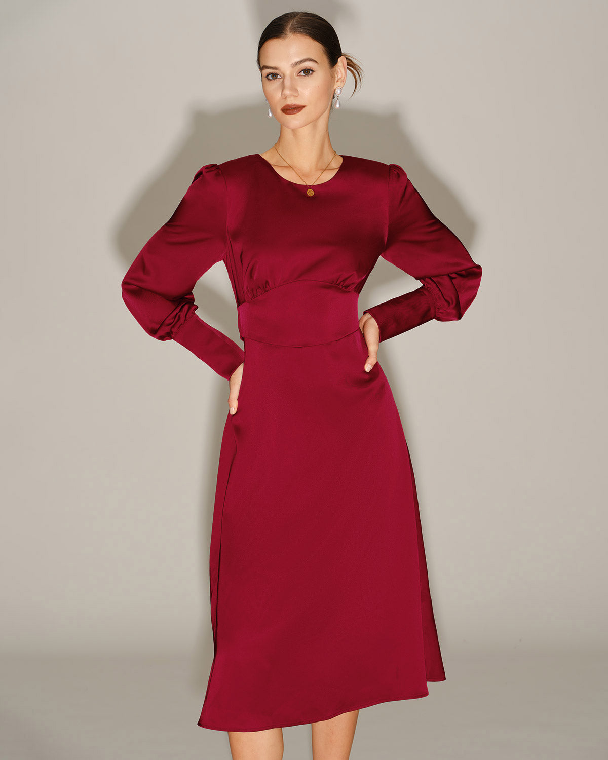 Wine Red Satin Midi Dress with A-Line Silhouette