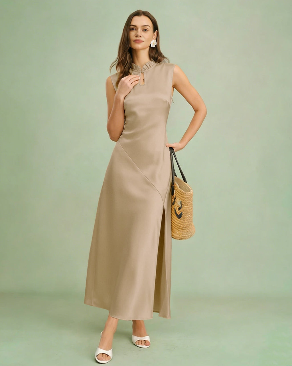 Ruffled Midi Dress in Apricot