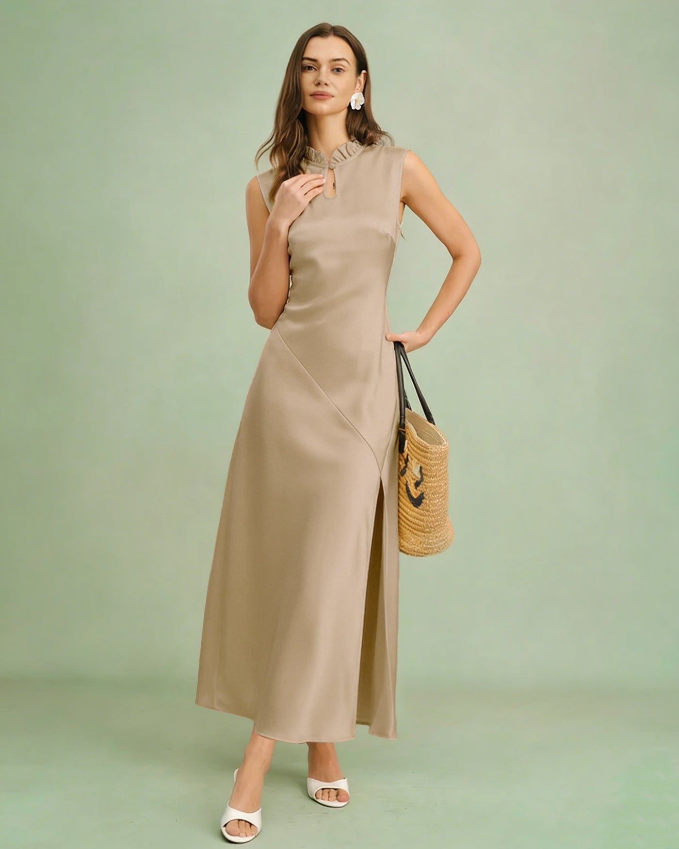 Ruffled Midi Dress in Apricot