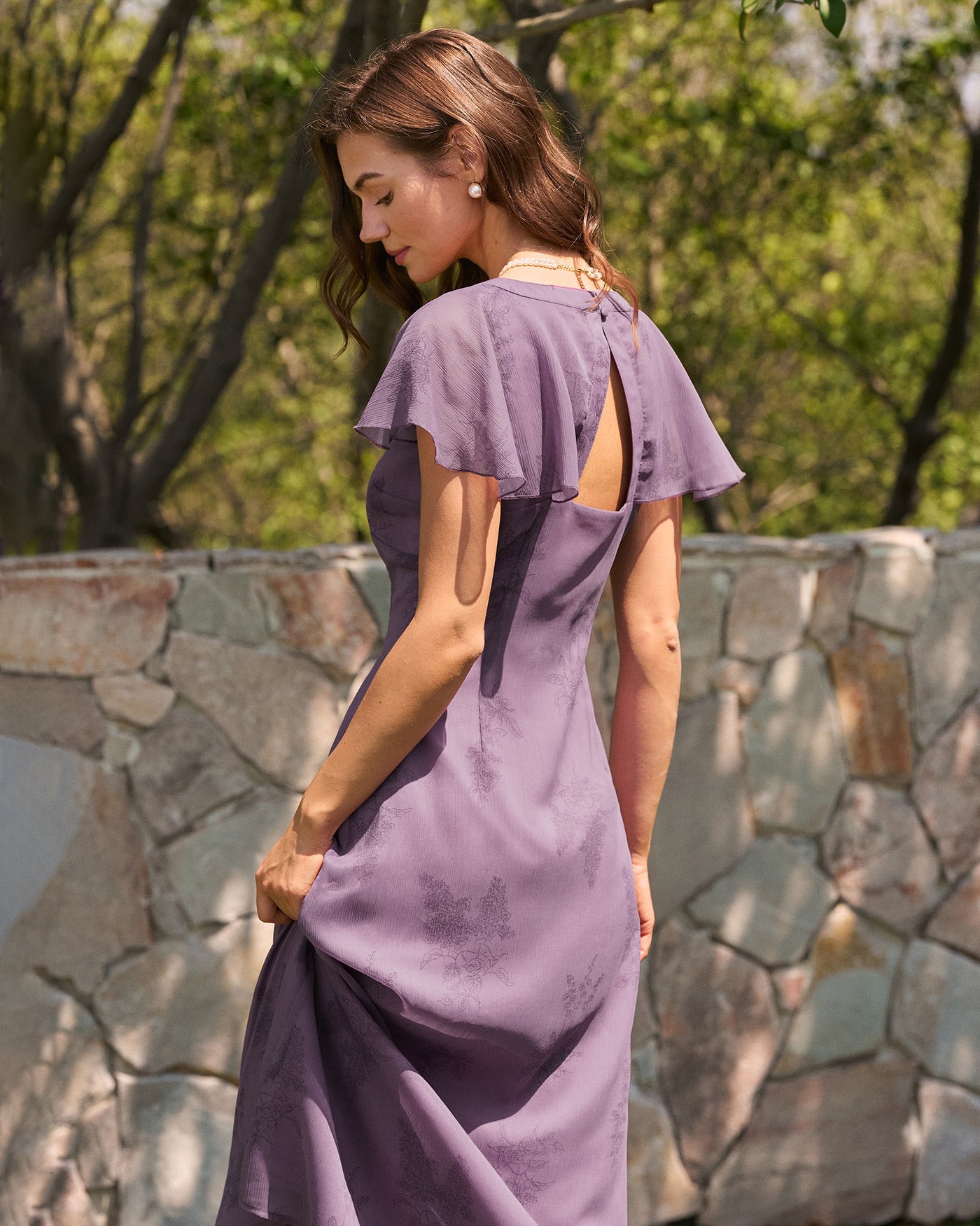 Floral Midi Dress with Purple V-Neck and Butterfly Sleeves