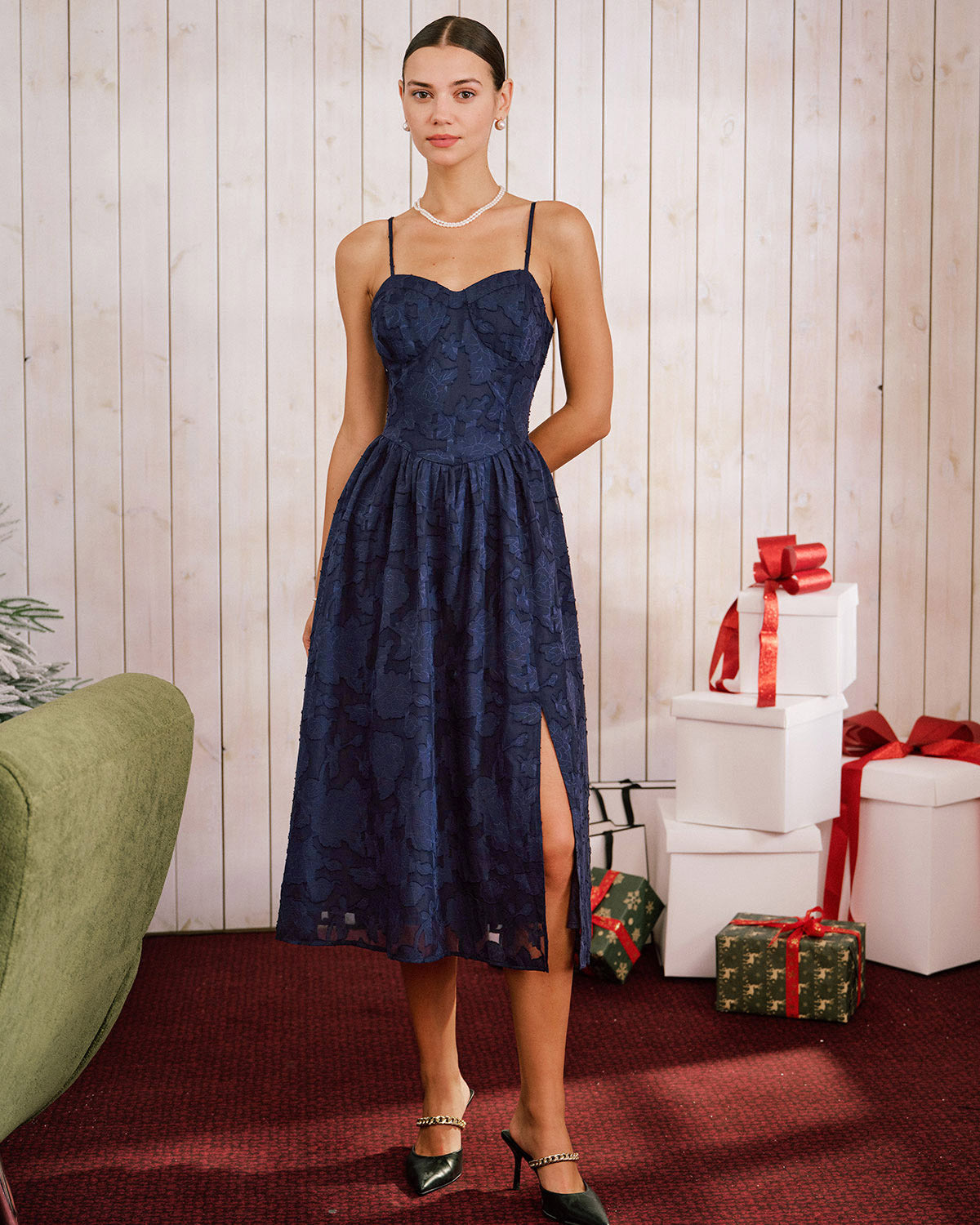 Blue Jacquard A-Line Midi Slip Dress