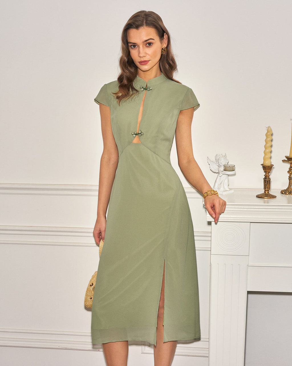 Chiffon Midi Dress with Green Mandarin Collar
