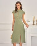 Chiffon Midi Dress with Green Mandarin Collar