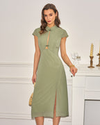 Chiffon Midi Dress with Green Mandarin Collar
