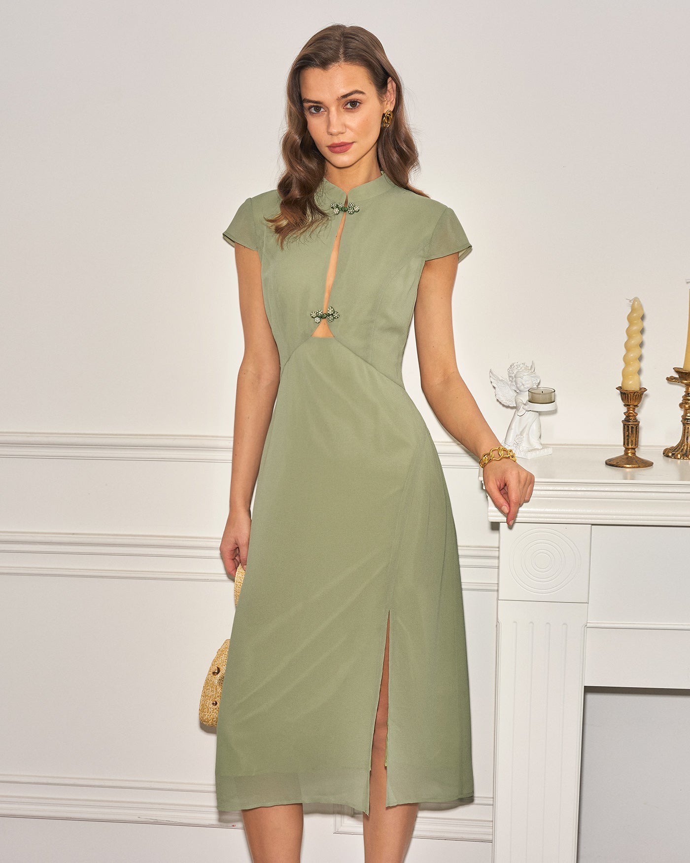 Chiffon Midi Dress with Green Mandarin Collar