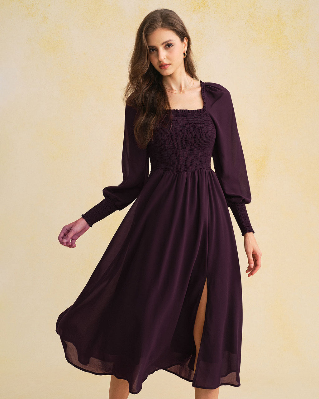 Purple Shirred Midi Dress with Lantern Sleeves in Chiffon