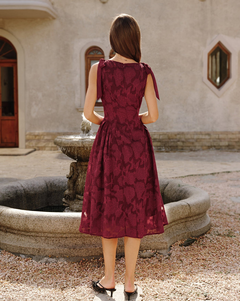 Crimson Jacquard Chiffon Midi Dress