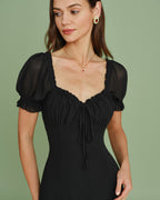 Black Midi Dress with V-Neck and Puffed Sleeves