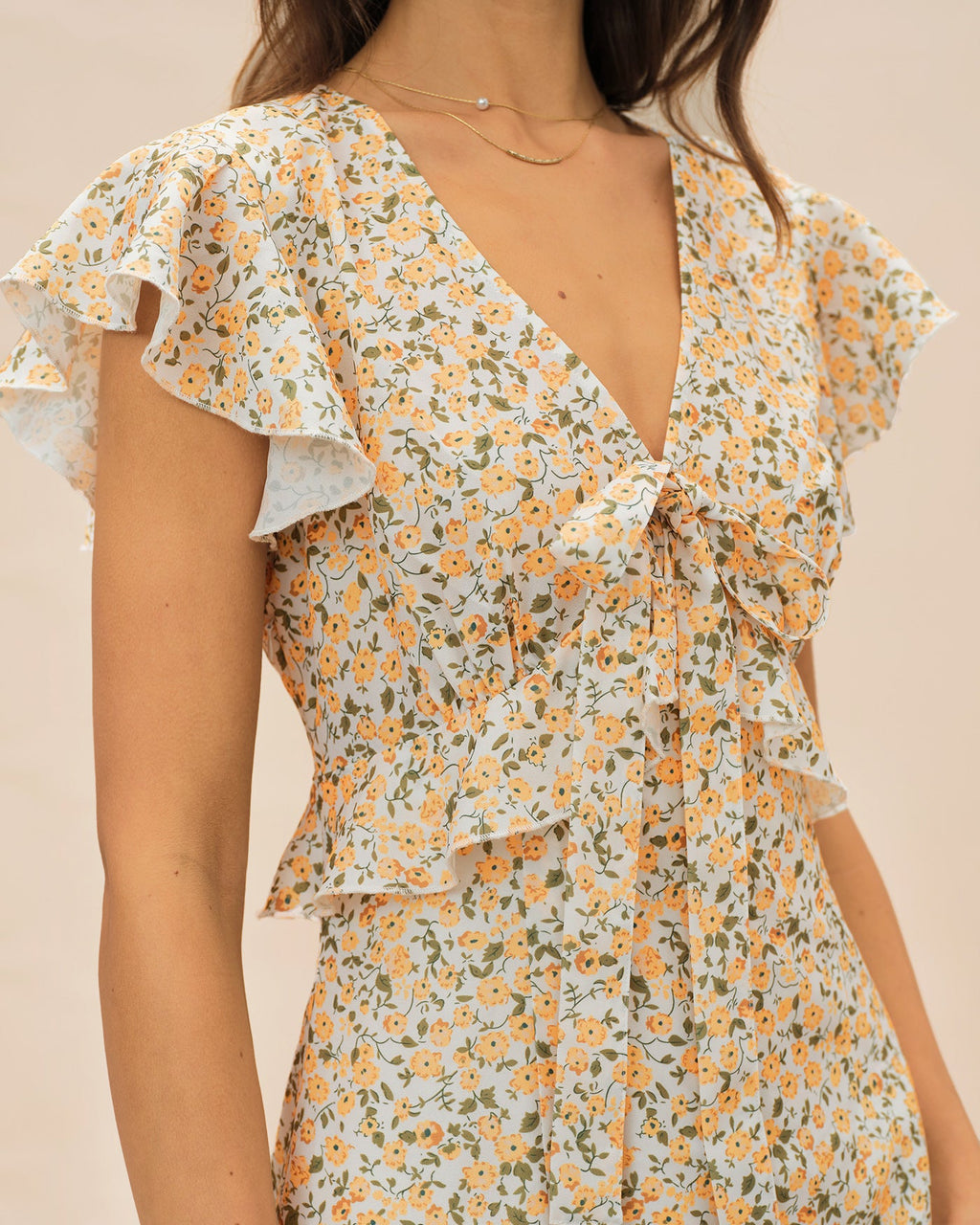 Floral Ruffle Midi Dress in Yellow with V-Neck
